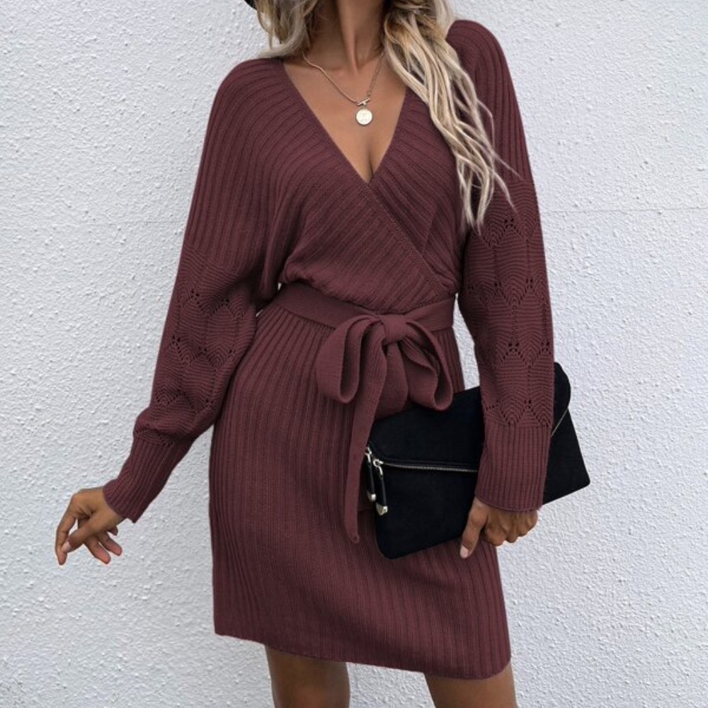 Cozy Burgundy Cut out Back Belted Sweater Dress Minimalist - Picture 1 of 15